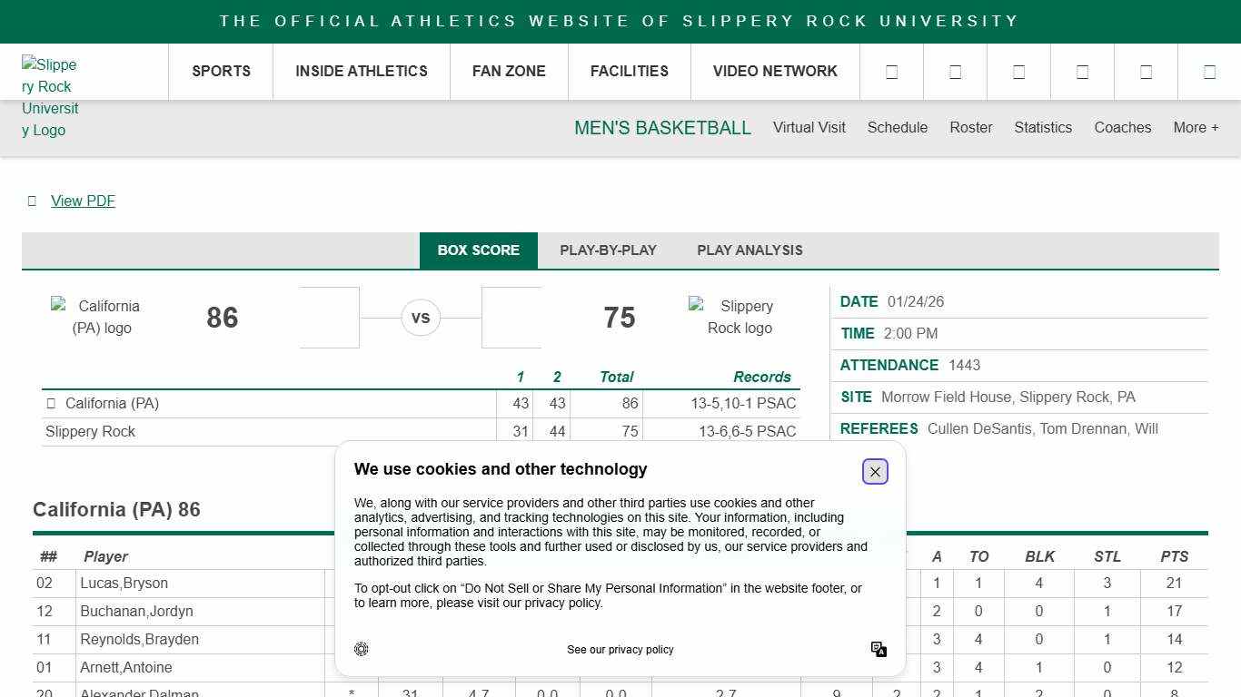 Men's Basketball vs California (Pa.) on 1/24/2026 - Box Score - Slippery Rock University Athletics